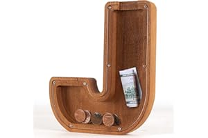 Lakpopya Hucha 23 * 20 * 3CM Letras Hucha Grande para Niños de Madera, Hucha Personalizada con Placa Acrílica Transparente, Regalos Creativos para Cumpleaños/Festival/Decoración/Memoria (J)