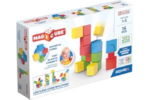 Geomag - Magicube Full Color - Cubes Magnétiques à Empiler pour Bébé d'1 an et Plus - 4 Couleurs - 16 Blocs de Construction - 1-5 Ans - 100% Plastique Recyclé