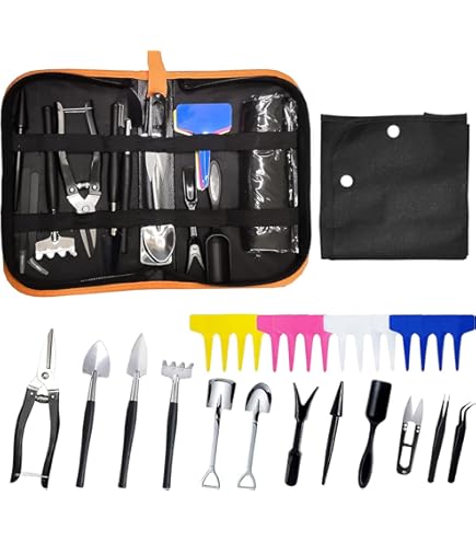 Holzsammlung 14-Piece Garden Tool Set, Bonsai Scissors Made of Carbon Steel, Bonsai Tools Including Tongs, Scissors, Bonsai Pruning, Mini Rake, Round Shovel