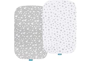 BILOBAN Bassinet Sheets Fit for Maxi-COSI Iora/Swift Lightweight Portable Bassinet and AMKE Baby Bassinets (31" x 20"), 2 Pack, 100% Jersey Knit Cotton Fitted Sheets, Breathable and Heavenly Soft, Grey Print