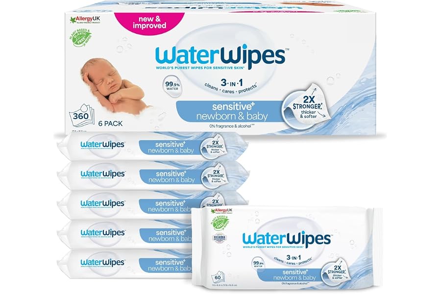 WaterWipes Sensitive+ Newborn & Baby Wipes, 360 Count (6 Packs), 3-In-1 Cleans, Cares, Protects, 99.9% Water, Unscented