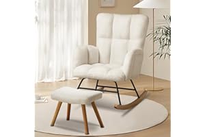 COMHOMA Rocking Chair with Footstool Comfy Teddy Fabric Nursing Armchair with High Backrest Lounge Chair for Adults Living Room Bedroom