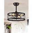 LEDIARY 16.5 inch Black Caged Ceiling Fan With Light, Fandelier Industrial Ceiling Fan With Remote, Farmhouse Fan Lights Ceiling Fixtures For Kitchen, Bedroom, Outdoor（6 Speed, Timing）-Black