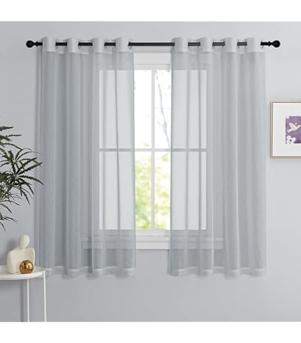 MRTREES Gordijnen, grijs, kort, met plooiband, 120 x 140 cm (h x b), gordijnen, boho, transparant, voor slaapkamer, set van 2 gordijnen, macramé, modern, 120 cm lang, voor keuken, winkel, kinderkamer
