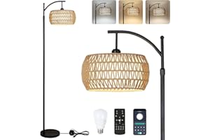 Rayofly Lámpara de Pie de Ratán Regulable con Mando a Distancia y Bombilla LED, Control por App, Lámpara de Pie Boho con Pantalla de Ratán y Lino, Lámpara de Pie Vintage para Salón, Dormitorio, E27