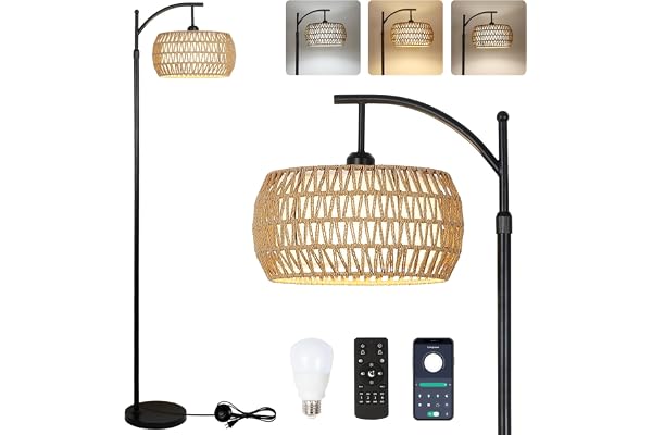 Rayofly Lampadaire en rotin à intensité variable avec télécommande et ampoule LED, contrôle par application, Lampadaire boho avec abat-jour en rotin & lin, vintage pour salon, chambre à coucher E27