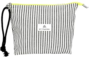 MY WANDER Neceser Mujer de Tela para Maquillaje y Viajes - Bolsa de Aseo Plegable con Forro Impermeable - Bolso de Mano con Cremallera Fluor y Cordón - 20x28x6cm - Fabricado en España (Rayas Gris)