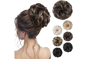 REECHO Thick Tousled Hair Bun - Synthetic Ponytail Extension with Elastic Scrunchies for Women - Messy Updo Donut Accessories - Dark Brown with Highlights