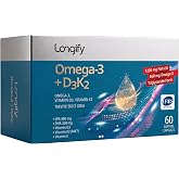 Longify Omega 3 + D3K2, Y&uuml;ksek EPA &amp; DHA, Vitamin D3, Vitamin K2 (MK7), Vitamin E, Balık Yağı, 60 Yumuşak Kaps&uuml;l