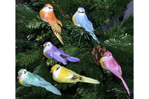 OMEERE Juego de 6 pájaros artificiales con clip, multicolor, plumas largas, decoración para árbol de Navidad, con pinzas, decoración para el árbol de Navidad, decoración para el árbol de Navidad (1 unidad).