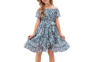 cenozo Lässig Kleider für Mädchen,Chiffon Blumenkleid Schulterfrei Sommerkleid mit Verstellbarem Riemen,Freizeit mit Rüschenärmel Ärmeln für Mädchen im Alter von 6 bis 14 Jahren