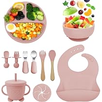 Coffret Repas Bébé Bichette 8 Pièces – Assiette Ventouse, Bol, Couverts, Bavoir, Silicone Sans BPA, Lavande