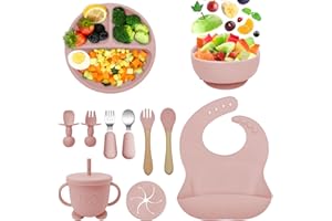 Bizcasa Vajilla para Bebés de Silicona,11 Piezas Vajilla de Silicona Plato Bebe Ventosa,Para Niños Aprender,Tazón de Platos,Cuchara de Babero,Tenedor,Taza de agua potable–Libre BPA