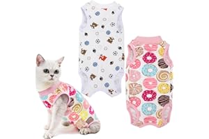 GSrenyu 2 Pcs Cat Recovery Suit, Breathable Cat Surgery Recovery Suit, Kitten Onesie Surgical Spay Shirt Anti-licking Recovery Vest Wound Protector Clothes Cone Collar Alternative (M/Football/Donuts)