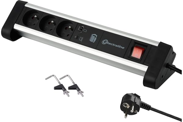 Electraline 35442 Bloc Multiprise 3 Prises + 2Ports 65W (1 Type C (Power Delivery) pour Charger Les Ordinateurs + 1 USB 3.0A (QuickCharge), avec Supports pour Fixation au Bureau, Noir