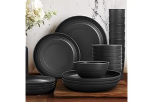 Teivio 32-Piece Kitchen Plastic Dinner Set, Service for 8, Dinner Plates, Dessert Plates, Cereal Bowls, Cups, Unbreakable Plastic Plates and Bowls Set, Outdoor Camping Dishes, Black