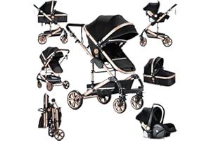 Sianldcone Carrito Bebe 3 en 1, Tejidos de Primera Calidad Carro Bebe 3 Piezas, Empuje Bidireccional Carros Para Bebes, Visión Abierta Silla Paseo Reversible (739 Black Gold)