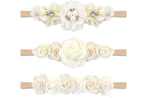 3 Pièces bebe Bandeaux Fille Elastiques Floraux Bandeau Perle Strass Bébé Fille Bandeaux doux Nouveau né Bambin Cheveux Accessoires（Blanc）