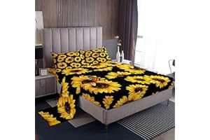 LOUSSIESD Set di lenzuola di girasole per ragazze giallo floreale farfalla set set per bambini donne camera da letto chic fiori modello biancheria da letto set biancheria matrimoniale con 2 federe
