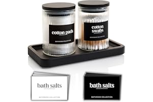 Mason & Fable Ribbed Glass Bathroom Jars with Airtight Black Bamboo Lids | Cotton Pad/Buds/Q tip Holder | Bath Salt/Small Makeup/Clear Vanity Apothecary Storage Canister (10oz-300ml x2 & Tray)