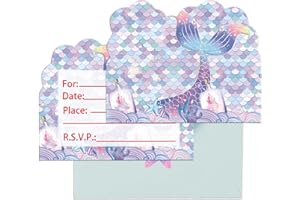 IHCEMIH Confezione da 20 inviti per feste per bambini, biglietti di invito di compleanno per ragazzi e ragazze, a forma di sirena, con buste abbinate, adesivi per bambini