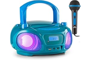 Auna Radio Portatile Bluetooth con Lettore CD, Radio Stereo Casa Boombox 3W, Radio FM con Sistema Stereo, AUX, Display a LED, USB, Streaming Bluetooth 5.0 e MP3, Radio Portatile Ricaricabile Vintage
