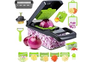 OGRMAR 16-in-1 Multifunctional Vegetable Chopper with Container, Kitchen Mandoline Slicer, Cheese Grater, Dicer & Potato Cutter, Stainless Steel Blades, Hand Guard & Drain Basket for Salad Onion Fruit
