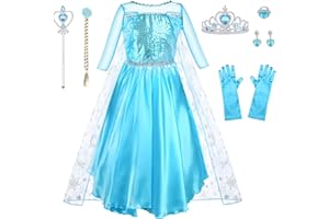 URAQT Vestidos Princesa Niña, Disfraz Princesa con Accesorios de Cosplay, con Capa de Copos de Nieve Brillantes, Disfraz Niña para Halloween Cosplay Cumpleaños Carnaval