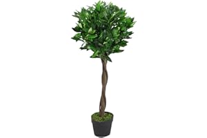 LEAF Liść sztuczny łodyga topiary drzewo laurowe styl w czarnym plastikowym garnku, zielony skręt, 90 cm (3 stóp)
