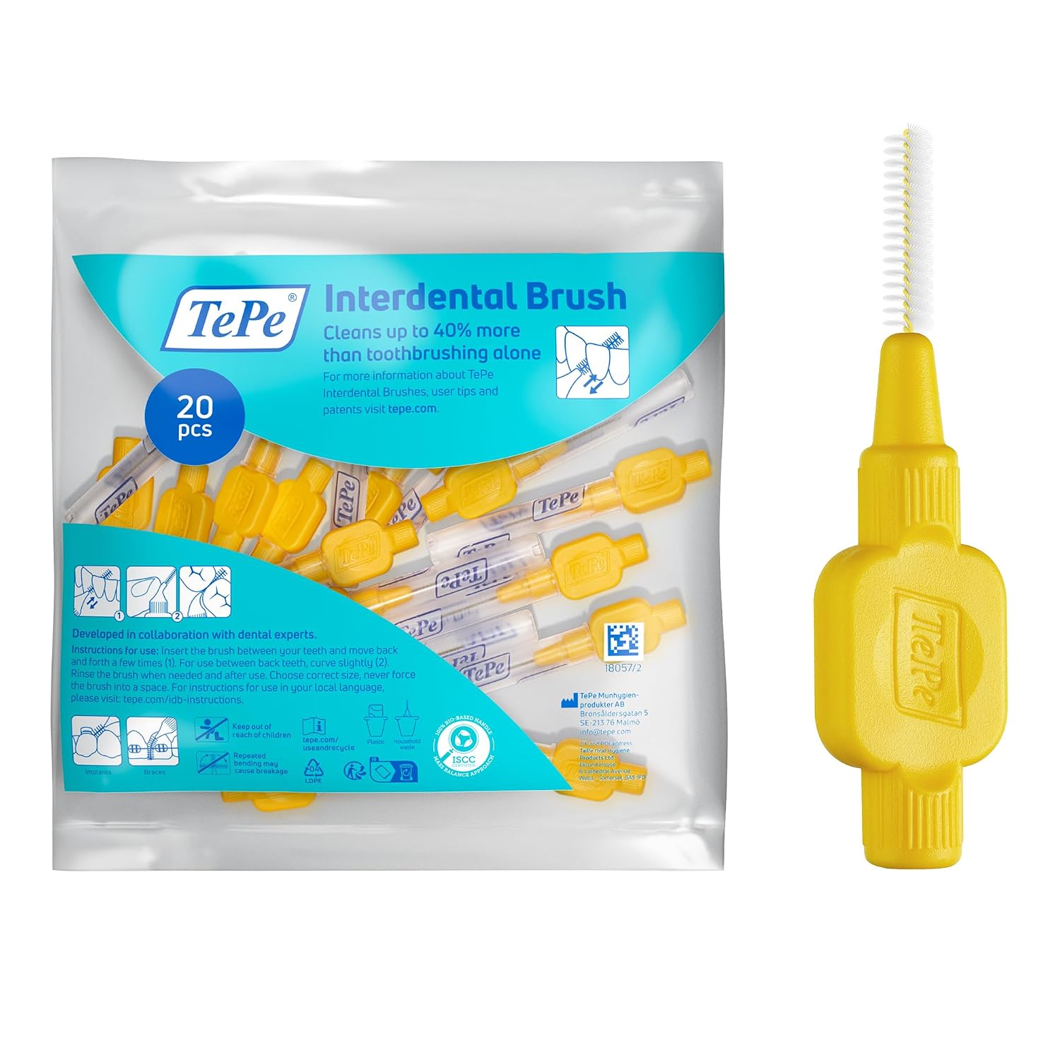 TePe Interdental Brush Original Interdentale borstels, verwijdert tandplak, effectieve reiniging van nauwe ruimtes tussen de tanden, geel (maat 4), 20 stuks (verpakking van 1) | Éliminent la plaque dentaire, Nettoyage efficace entre les dents, Pour espaces intermédiaires