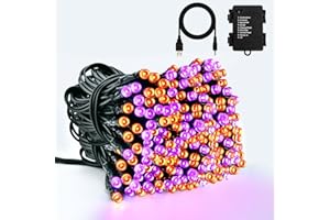 Dalugo Łańcuch świetlny na baterie USB, 10 m, 100 diod LED, pomarańczowy, fioletowy, wodoszczelny, z timerem 6 h, 8 trybów, czarny kabel do użytku wewnątrz i na zewnątrz