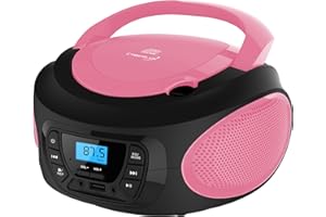 CYBERLUX Boombox - Lecteur CD portable - CD/CD-R - USB - Radio FM enfants - Entrée AUX-IN - Prise casque - Chaîne stéréo - Système compact - Rose vif (Pretty Pink)
