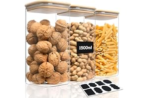 AOOTE Tarros De Bote Cristal Con Tapa,3 Pcs 1500ml Tarros de Vidrio Cocina Almacenaje con 1 pegatinas,Aptos para Lavavajillas,Botes Hermeticos Cristal para Especias,Té,Cereales,Nuez,Harina