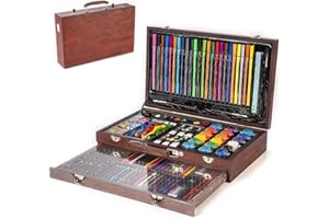 BAKAJI Drewniana walizka malarz zestaw 124 sztuk Różne kolory akrylowe kredki akwarela pędzle i akcesoria do projektowania profesjonalny zestaw artystów hobbystów i początkujących