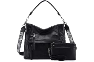 VASCHY Bolso Bandolera Mujer, Bolso Universidad Grande Bolso Tote Cuero Bolsa de Mano Vintage Bolso Hombro Portátil Bolso Billetera 2pcs Set con Guitarra Correa para Diario Trabajo Viaje