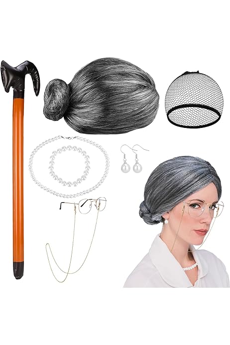 Déguisement Vieille Dame 9 Pièces – Perruque, Canne Et Déambulateur Gonflables, Bijoux, Parfait Pour Halloween Et Cosplay