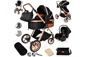 LIBREBON Baby Pram Pushchair Baby Buggy Stroller 3 in 1 Child Lightweight Folding Stroller 3 in 1 Travel System for Newborns & Toddlers 0-36 Months from Birth (Black Gold)