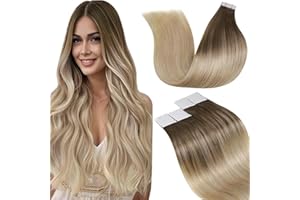 LaaVoo Tape in Hair Extensions Human Hair Blonde Tape Hair Extensions Real Human Hair Invisible Tapes Remy Straight Balayage Brown to Blonde Hair Double Sided Tabs 20pcs 30g 12 Inch #8/18/60