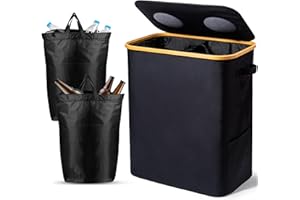 SYLANDO 140L Pfandflaschen Sammelbehälter mit Deckel & XXL Tragetaschen, Flaschensammler für Leergut & Altglas, 2 Fächer Organizer mit Lochdesign, Recycling Behälter für Küche & Abstellraum, Schwarz