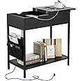 Nicehill Side Table with Charging Station, Narrow End Table with USB Ports, Outlets, Fabric Bags, Storage Shelf, Narrow Bedside Table for Small Rooms, Bedroom, Living Room, Classic Black