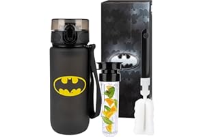 MOMO WAY DC Comics The Batman Botella de Agua en Tritan 600 ml Reutilizable Botella deportiva sin BPA con Inserto de fruta para Niños Gimnasio Oficina Colegio Yoga Batman 600ml