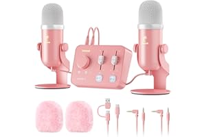 TONOR Podcast Mikrofon Set mit Audio Interface, ASMR Mikrofon, 2 Kondensatormikrofone, Audio Mixer, Lautstärkeregler, 3D Stereoklang, mit Fell-Windschutz, USB Microphone für PC/Handy, Rosa