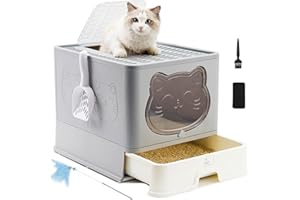 HelloMiao Vasino per Gatti Chiuso Completo con Coperchio - Lettiera per Gatti di Grandi Dimensioni con Neutralizzatore di Odori, Sistema a Cassetto e Pieghevole, Include Paletta Pratica per la Sabbia