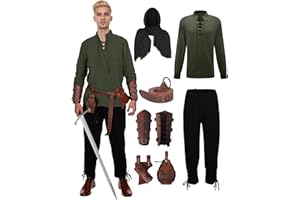 AJGEGJE Mittelalter Kleidung Herren, 7 Stück Herren Renaissance Kostüm Set, Mittelalter Viking Kostüm mit Piratenhemd Herren Lang Hose Gürtel Handgelenkgurt