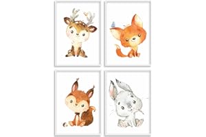 HappyArts® | Kinderzimmer Bilder A4 Poster 4er Set Deko Mädchen Junge Babyzimmer | Aquarell Waldtiere Waldfreunde Fuchs Reh OHNE RAHMEN