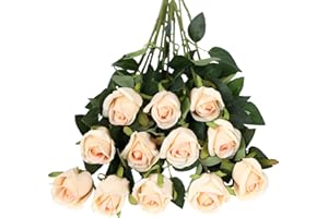 Tifuly Fiori artificiali, 12 pezzi a stelo singolo lungo finti fiori di seta di rose finte bouquet da sposa realistici per matrimoni, casa, decorazione da tavolo centrotavola (boccioli, champagne)