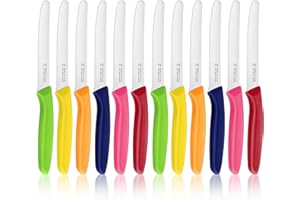 targzier Frühstücksmesser 12 Stück，Bunt Gemischt Mehrfarbig Messer，Tafelmesser - Buttermesser - Brötchenmesser - Tomatenmesser，Scharfes Tafelmesser Wellenschliff，Spülmaschinenfest.