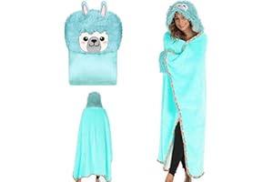 Hengrongshen Inverno Alpaca Blu con Orecchie, Regalo per Donne, Portatile, Soffice, con Simpatici Motivi Animali, Coperta Regalo di Compleanno, Calda Coperta con Cappuccio