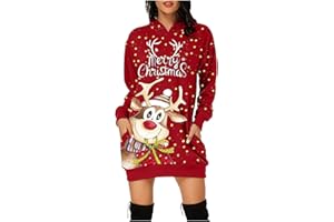 GENERIC Weihnachtspullover Kleider Damen Rot Weinglas Lang Kapuzenpullover Weihnachten Pullover Sweatshirt Weihnachts Hoodie Lang Baumwolle Sweatkleid Weihnachtskleid Weihnachtspulli Christmas Sweater Frauen
