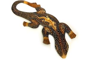 TEMPELWELT Dekoracyjna figurka dekoracja ścienna Gekon Manis brązowy z drewna Albesia malowany punktowo, 30 cm długości, drewniana figurka ścienna, jaszczurka, rękodzieło z Bali